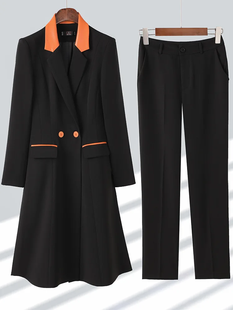 Formal Blazer Femininos Elegant Autumn Winter Women Business Work Wear Suits with Middle Long Windbreaker and Pants Trousers Set