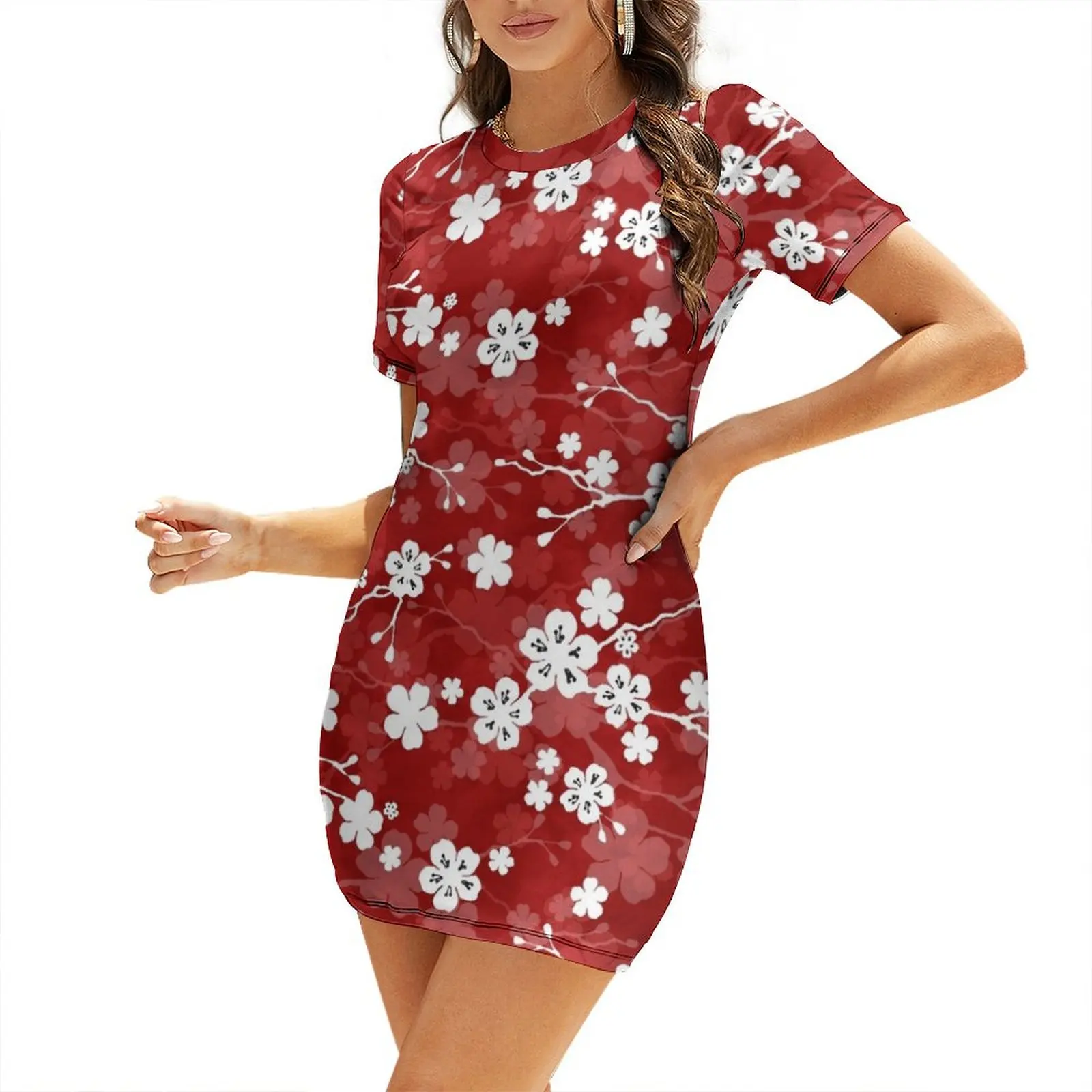 

Red and white cherry blossom pattern Short-Sleeved Dress Summer dresses for women Evening dresses sexy dress Dress