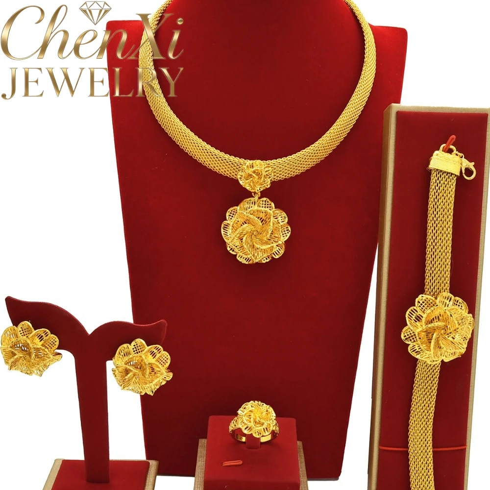 High-End Luxury Alluvial Gold Bead Fashion Popular Jewelry Set Women Wedding Party Banquet Necklace Earrings Ring 4pcs Gift