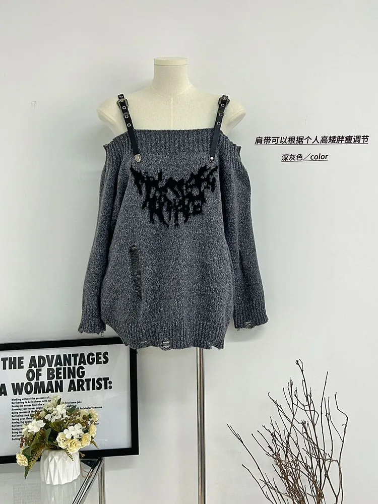 Fashion Simple High Street Knitted Sweater Tide Slash Neck Off Shoulder Pullovers Print Autumn Winter Streetwear Y2k Clubwear