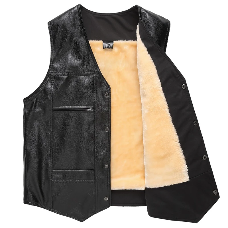 2025 Men Leather Vest Add Fur Windproof Vest Men Winter Men Sleeveless Winter Casual Men Warm Thicken Waistcoat