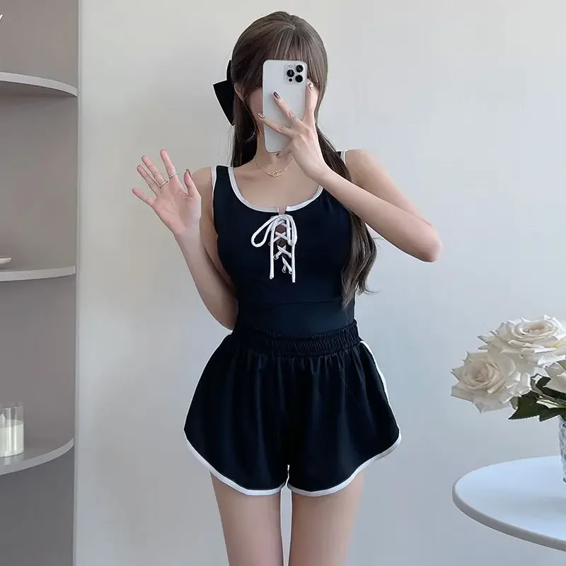ใหม่ One-piece Suspender 2 ชิ้นกีฬาชุดว่ายน้ํา Slim Body Backless Belly COVER สายคล้องกลวงสาว Design