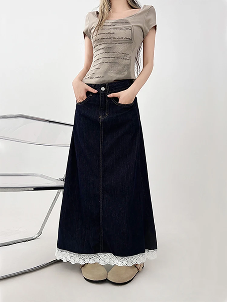 

plus Size Women's Lace Splice Denim Skirt High Waist Loose Slim A-Line Long Skirt Spring New Style Korean Style Commute
