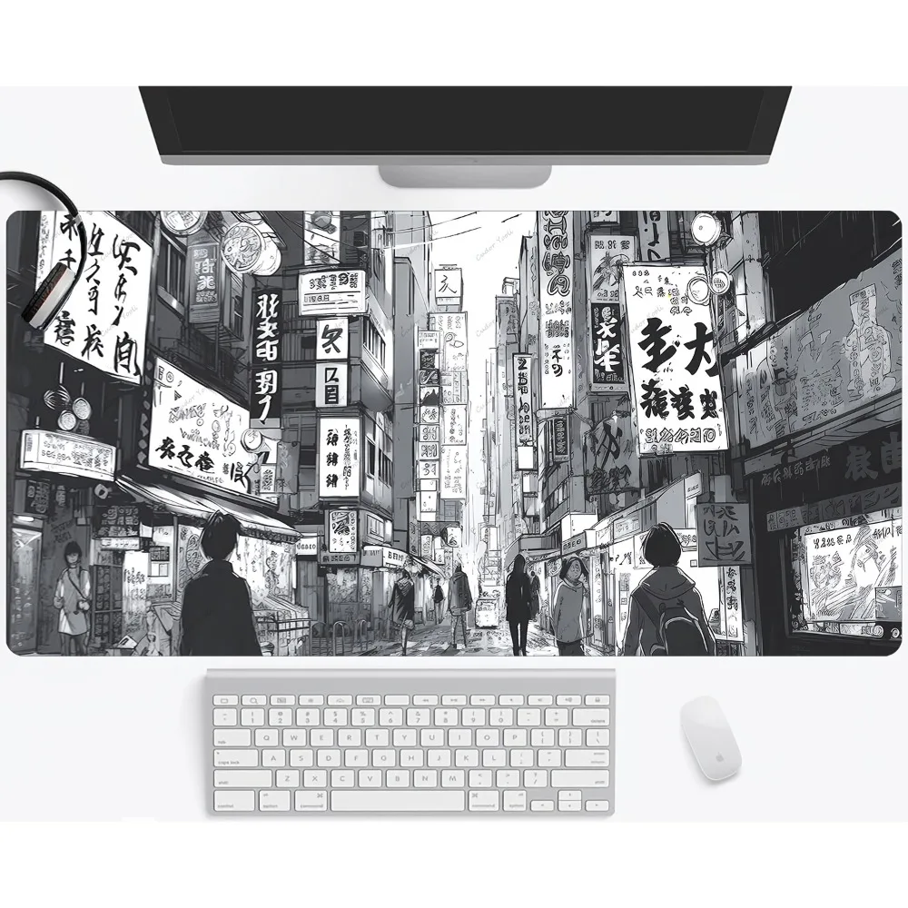 Japanische Anime Schwarz-Weiß Stadtstraßenszene Großes Mauspad & Tastaturpad - Super Glatte Oberfläche Dekoration Setup Gamer