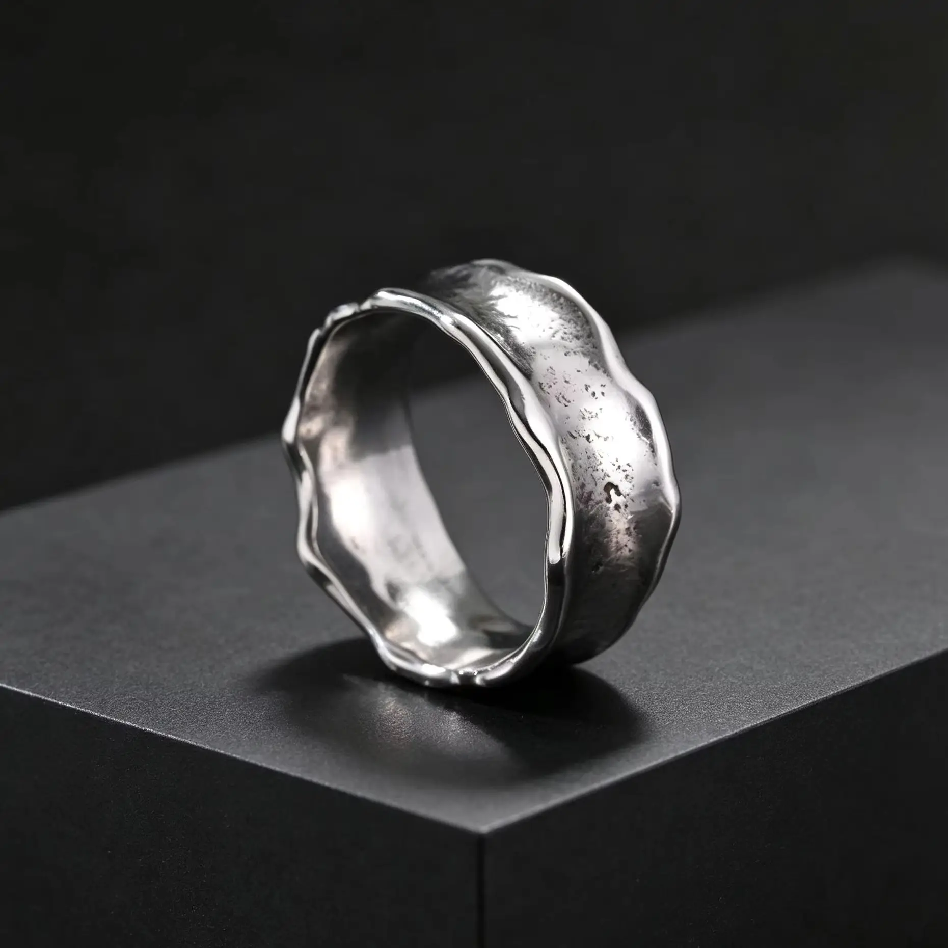Men's Stainless Steel Vintage Irregular Hammered Ring High Polished 8mm Wide Band Ring Fashion Statement Jewelry Gift for Men