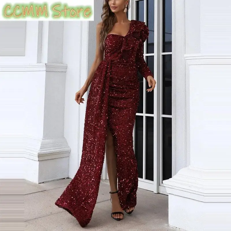 

New Sexy Diagonal Collar Tailed Banquet Evening Dress Female Party Maxi Dress Autumn Women Princess Sleeves Sequins Swing Dress