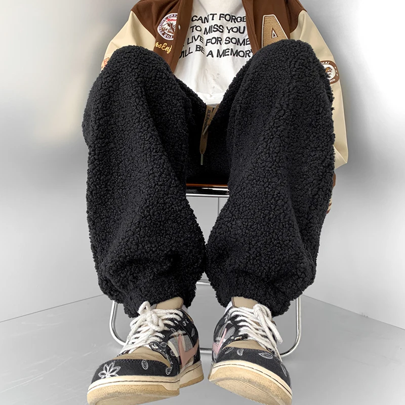 Winter Thick Pants Men Warm Retro Casual Lamb Wool Pants Men Streetwear Hip-hop Loose Wide Leg Pants Mens Thickened Trousers