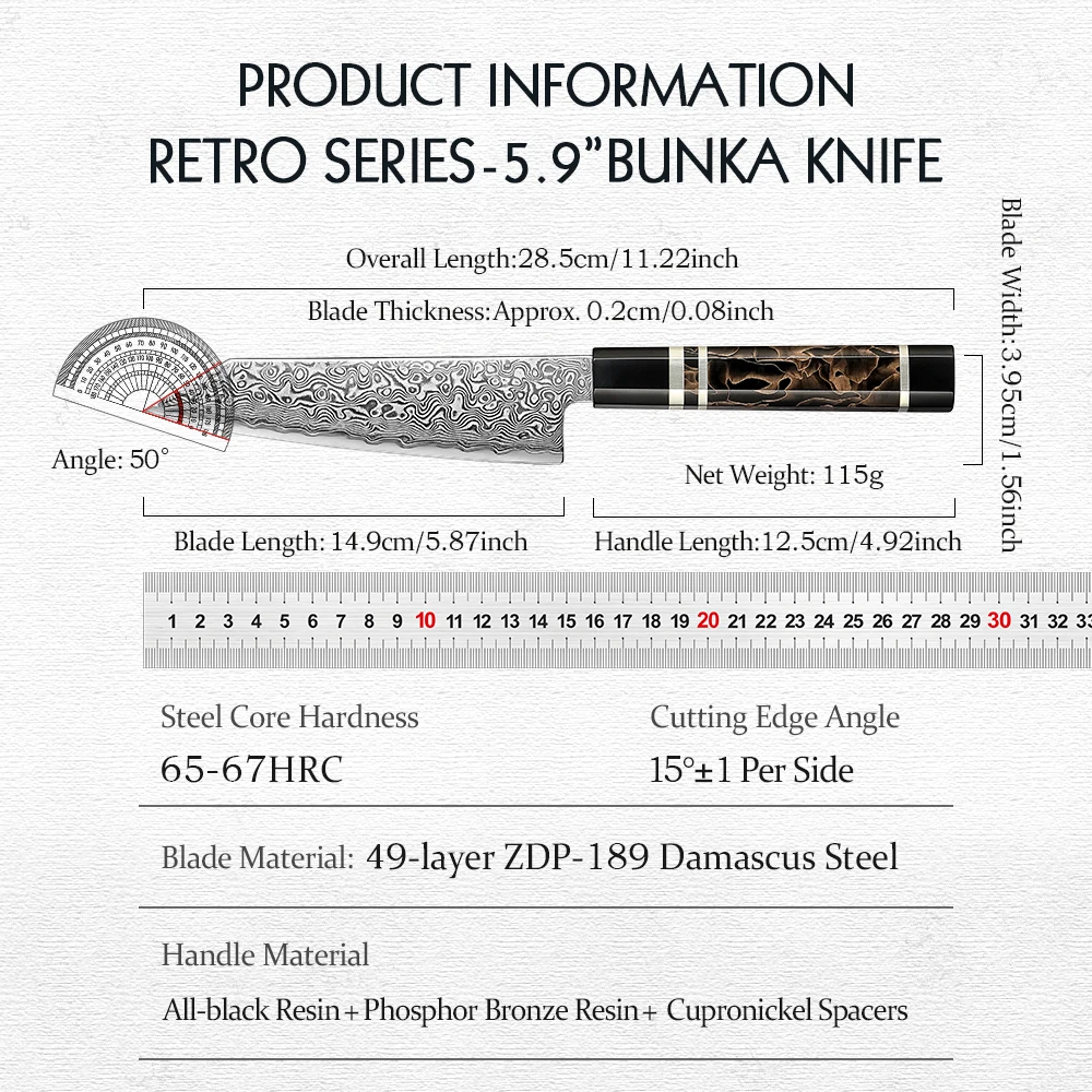 HEZHEN 5.9 Inch Bunka Knife 49 Layers ZDP-189 Damascus steel Powder Core 65-67 HRC Steel Kitchen Wooden Gift Box Cook Knife