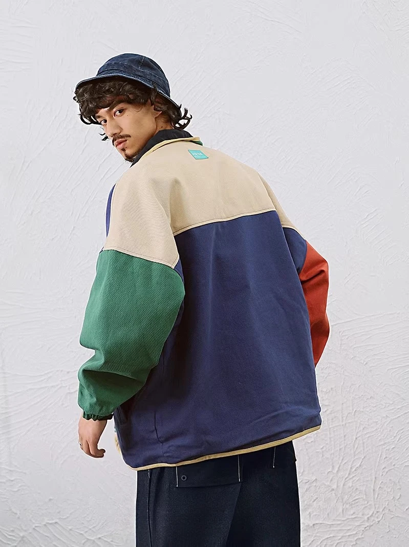 Spring and Autumn New Men's Japanese Retro Street Style Blue Red Black Color Block Loose Casual Reversible Baseball Jacket