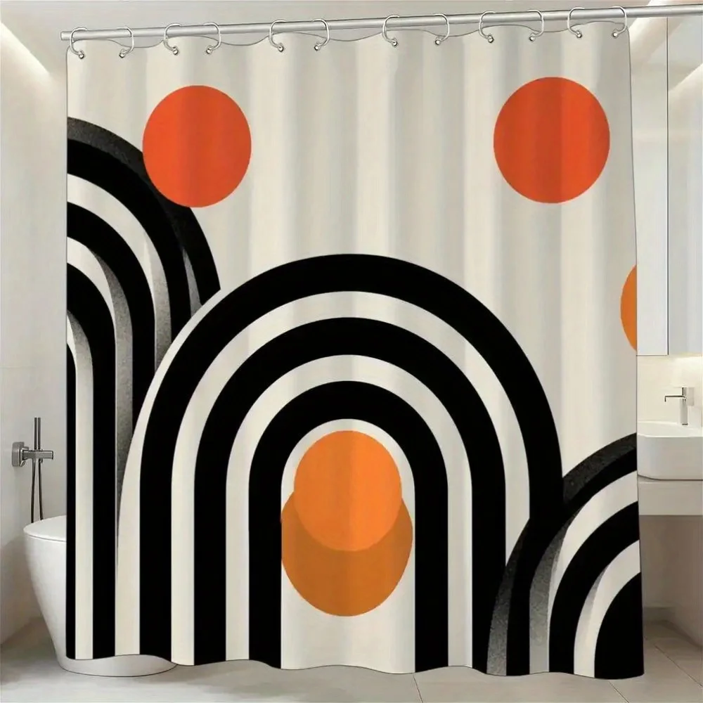 Mid-Century Geometric Shower Curtain – Black & White Arches with Orange Circles on Cream Background, 12 Hooks, Waterproof Bath D