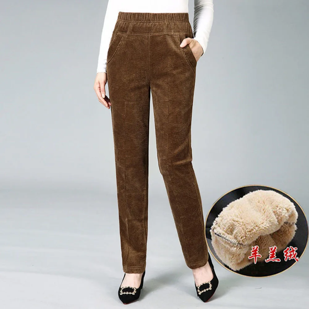 Winter Warm Cashmere Trousers Vintage Slim Waist Add Velvet Lady Pants Casual Thickening Corduroy Straight Pants Women