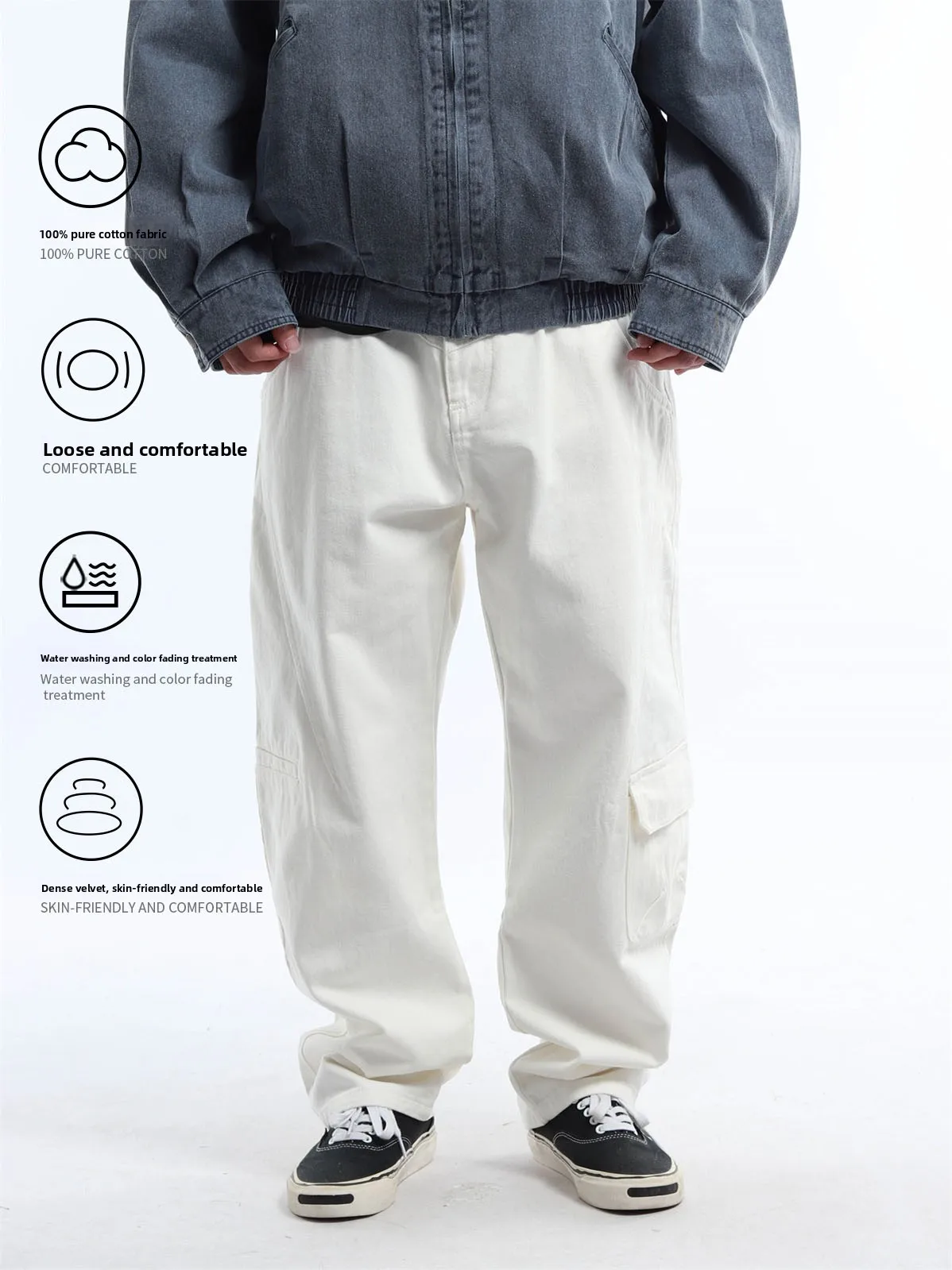 Casual Straight Leg White Jeans Men's Multi-Pocket 3D Tailoring Spring Summer Autumn Winter Commuting Long Pants Youth Style