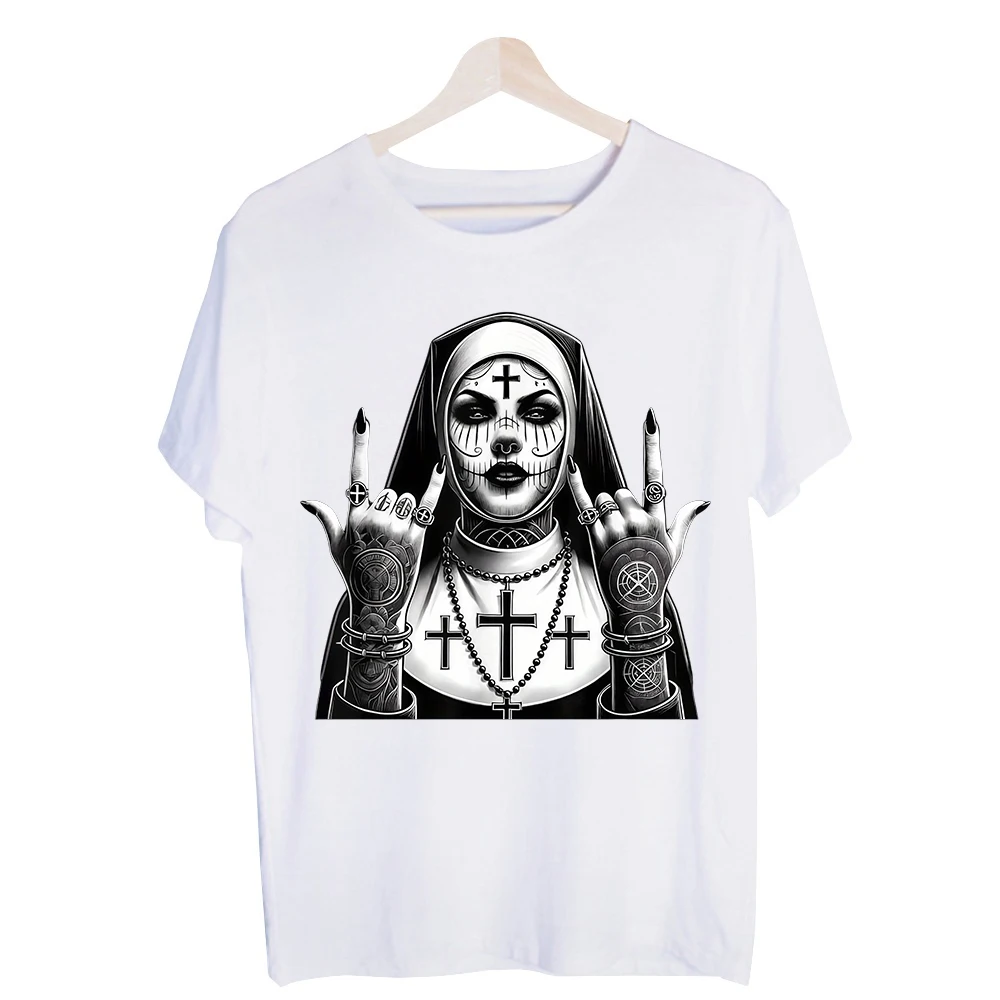 Men's Gothic Nun Graphic Tee, Short Sleeve Crew Neck T-Shirt for Streetwear and Casual Outfits