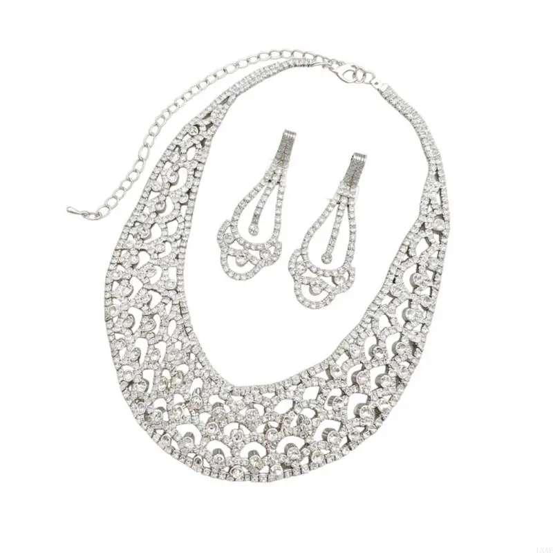 

Trendy Silver Plated Openwork Hoop Earrings And Layering Chain Necklace Set With Sparkling Crystals Ear and Neck Jewelry