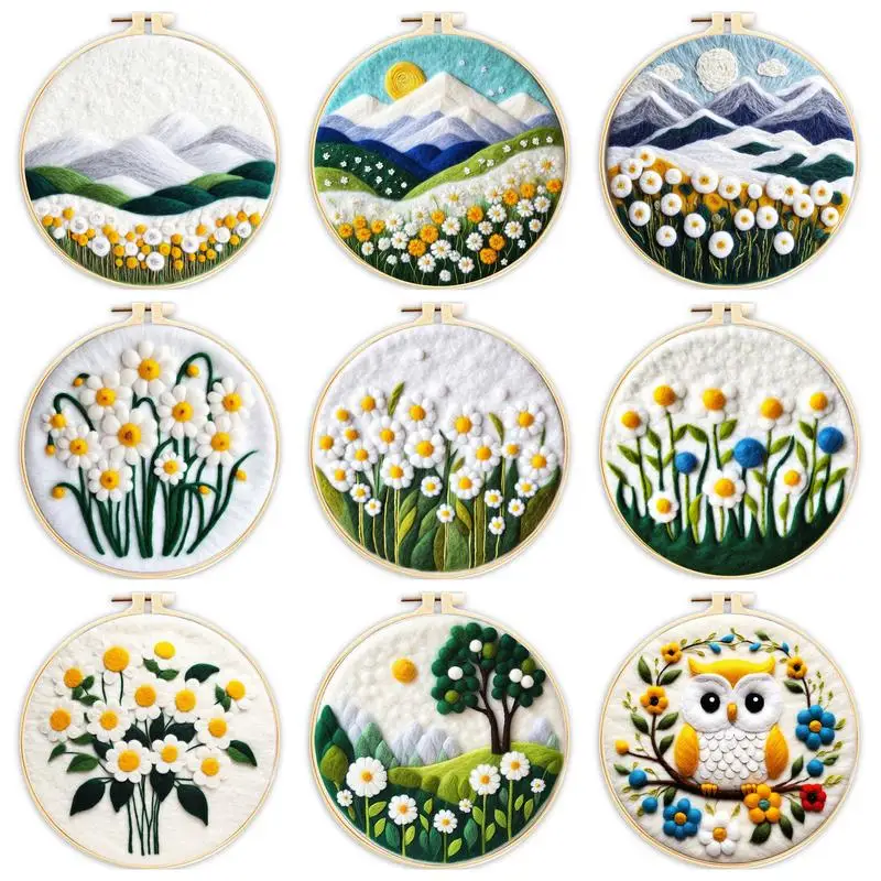 

White Flowers Diy Needle Felting Kit With Embroidery Hoop Wool Needle Felt Painting Complete Craft Set For Beginners Home Decors