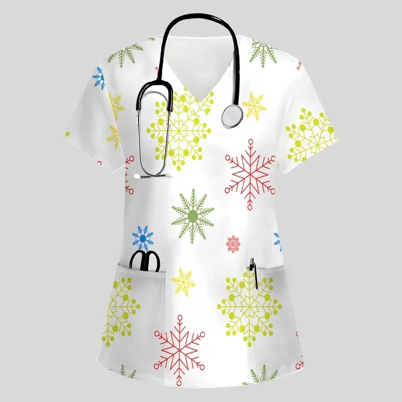 Christmas snowflake printVBlue women's medical blouse Women's Christmas casual holiday short-sleeve with pocketsTShirt