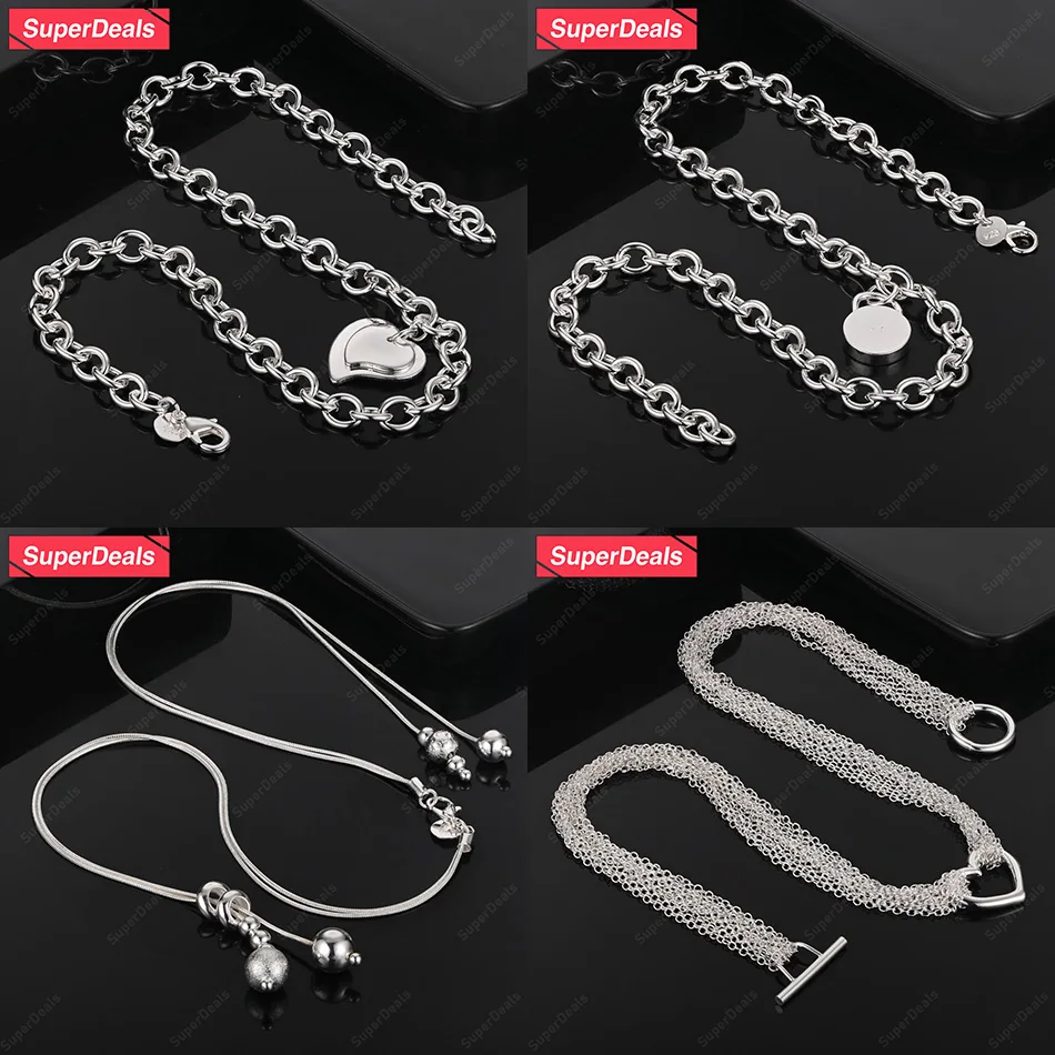 SuperDeals 925 Sterling Silver Heart/Round Lock/Round Beads Necklace Women Birthday Wedding Party Fashion Versatile Jewelry Gift