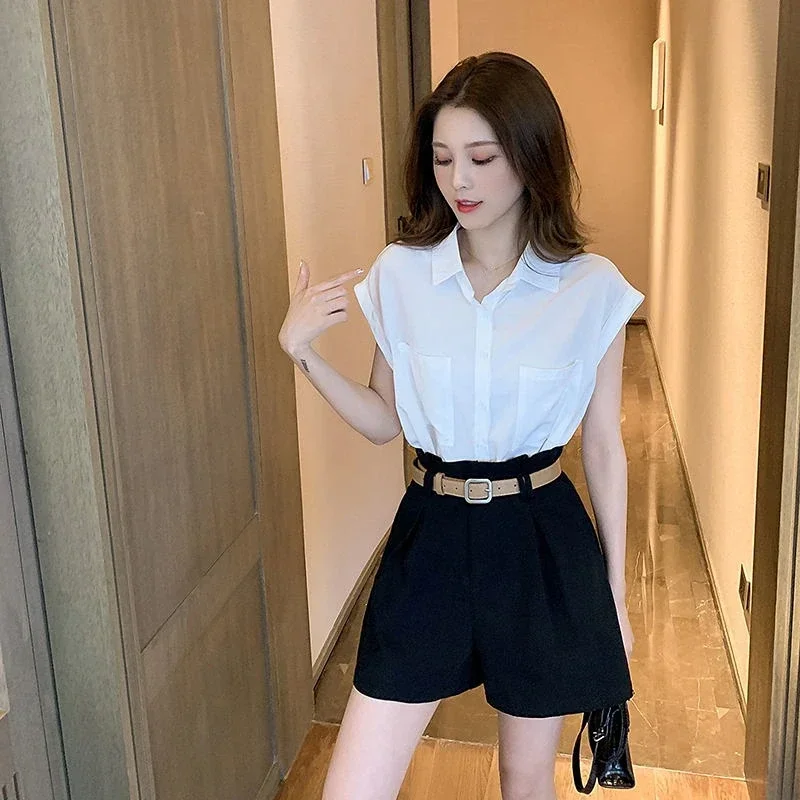 2024 Women\'s Shorts Sets Design Fashion Elegant Thin Loose  Sleeveless French Shirts Wide Leg  2 Piece Set N329