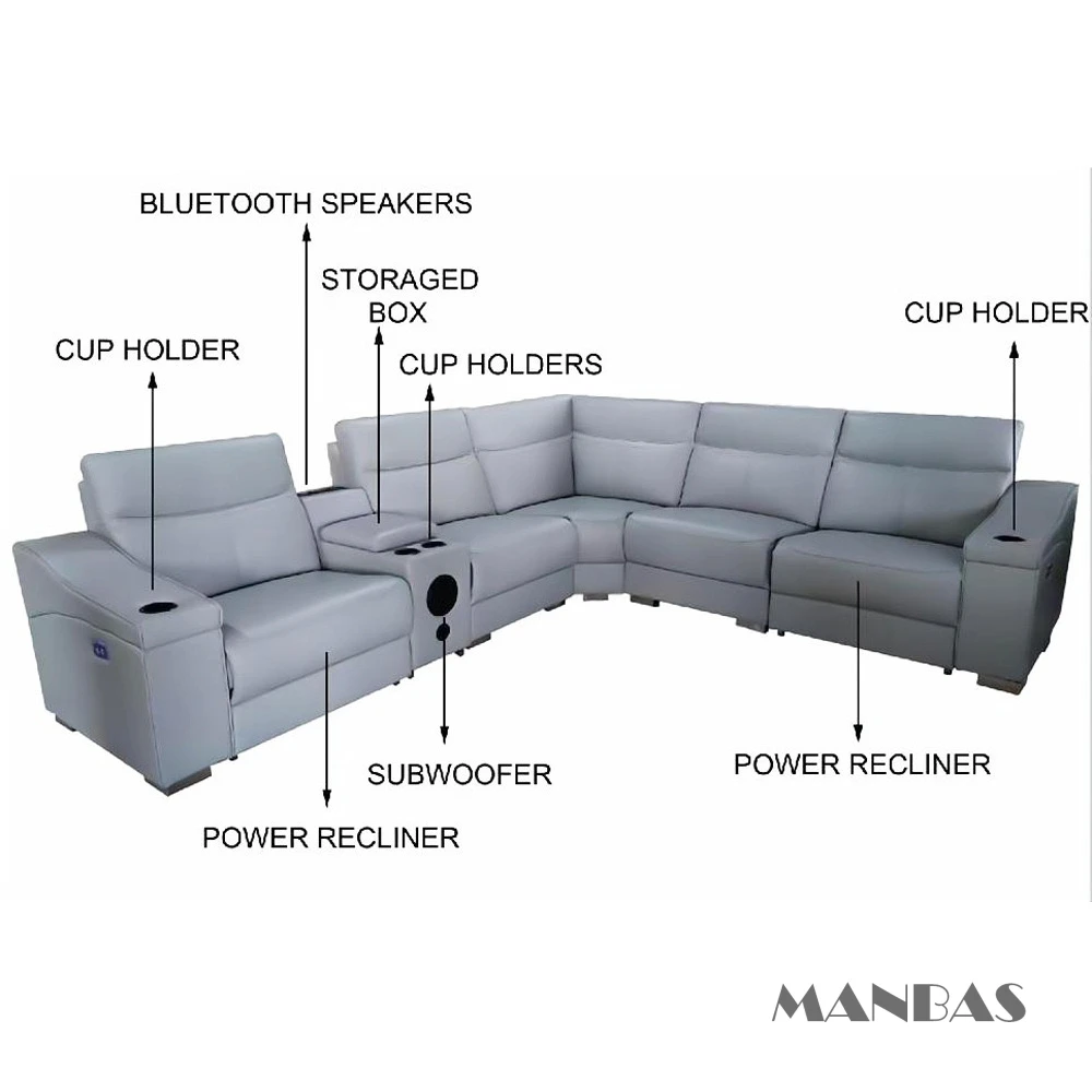 MANBAS Mirage Theater Power Reclining Sectional Couch Genuine Leather Electric Recliner Sofa With Speaker Cinema Seating Room