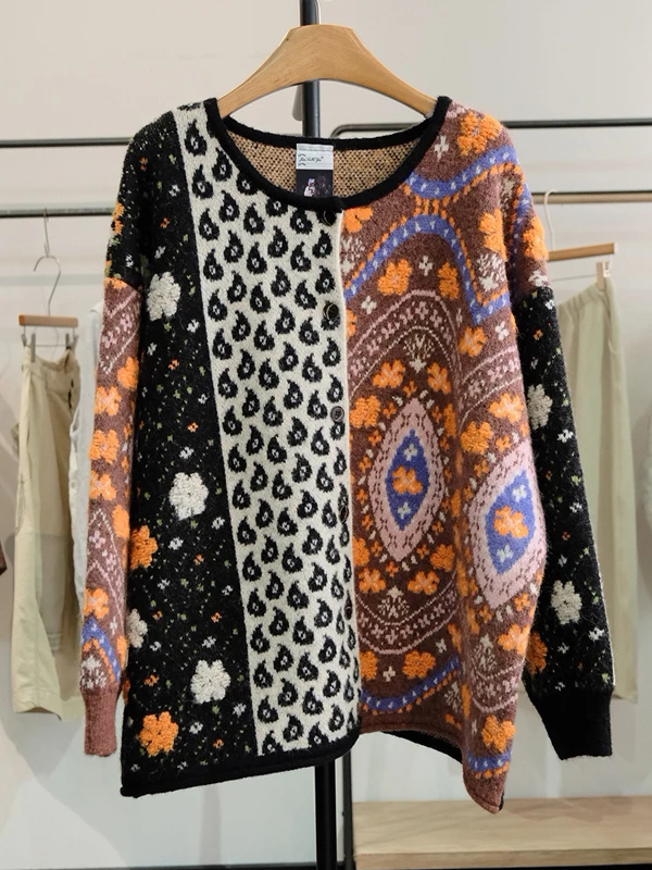 

Retro Sle Warm Knitted Sweater Women's Loose Fit Comfortable Skin-friendly Floral Embroidery Long Sve round Ne Top