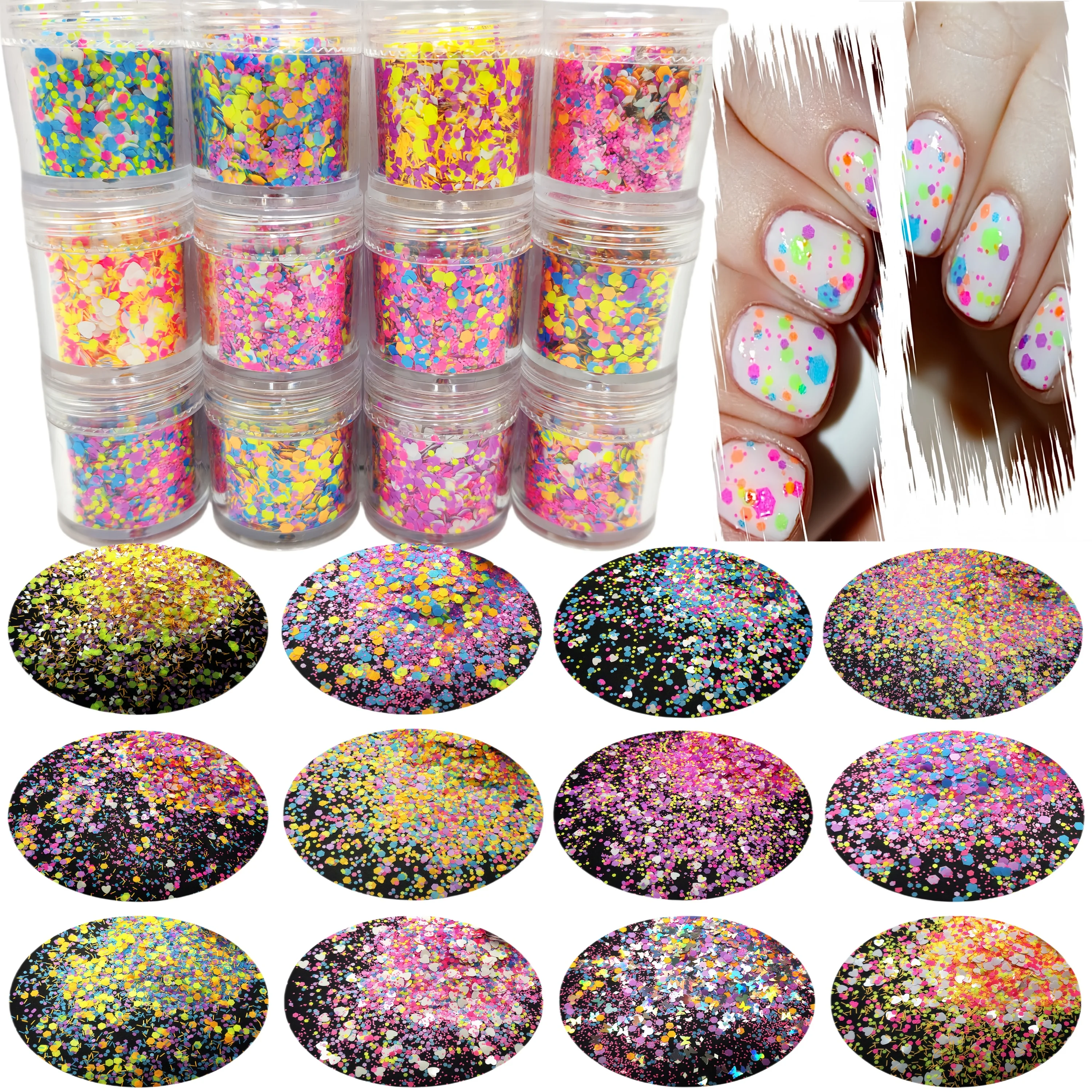 NEON Matte 12 Colors Solvent Resistant Chunky Glitter Mix Hexagon Flake Shape Sequin for DIY Gel Nail Art Polish,Face,Body,Slime