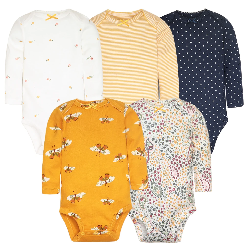 5 adet/grup pamuk bebek Bodysuits Unisex bebek tulum moda bebek erkek kız elbise uzun kollu yenidoğan bebek giyim seti