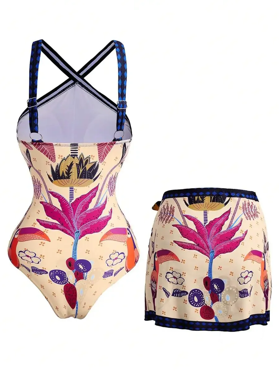 

Womens Tropical Plant Print Criss-Cross One-Piece Swimsuit With Skirt Two Piece Beach Set