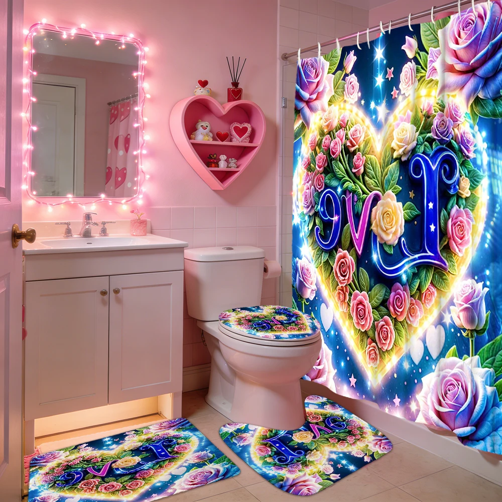

Valentine's Day Love Heart Pattern Shower Curtain Bath Sets Waterproof Non-Slip Bathroom Rug Toilet U With 12 Hooks Home Deco