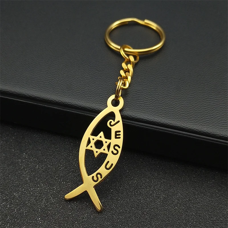 Ichthys Jesus Fish Hollow Key Chain for Women Men Stainless Steel Gold Color Hexagram Star of David Key Ring Jewelry K3535S02 - Image 3