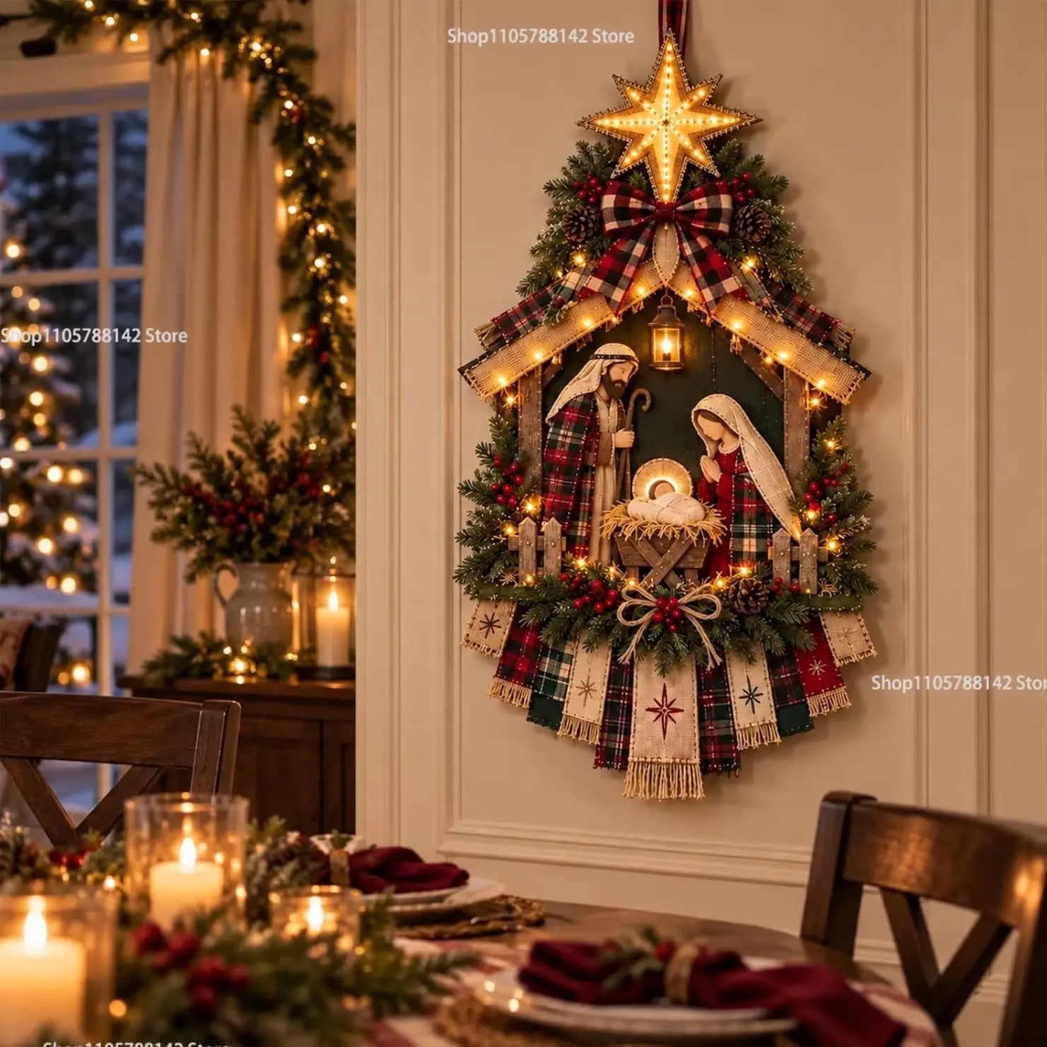 DIY Lighted Christmas Nativity Scene Door Hanging Kit,Lighted Nativity Wall Decor with Plaid Bow for Entryway Holiday Display