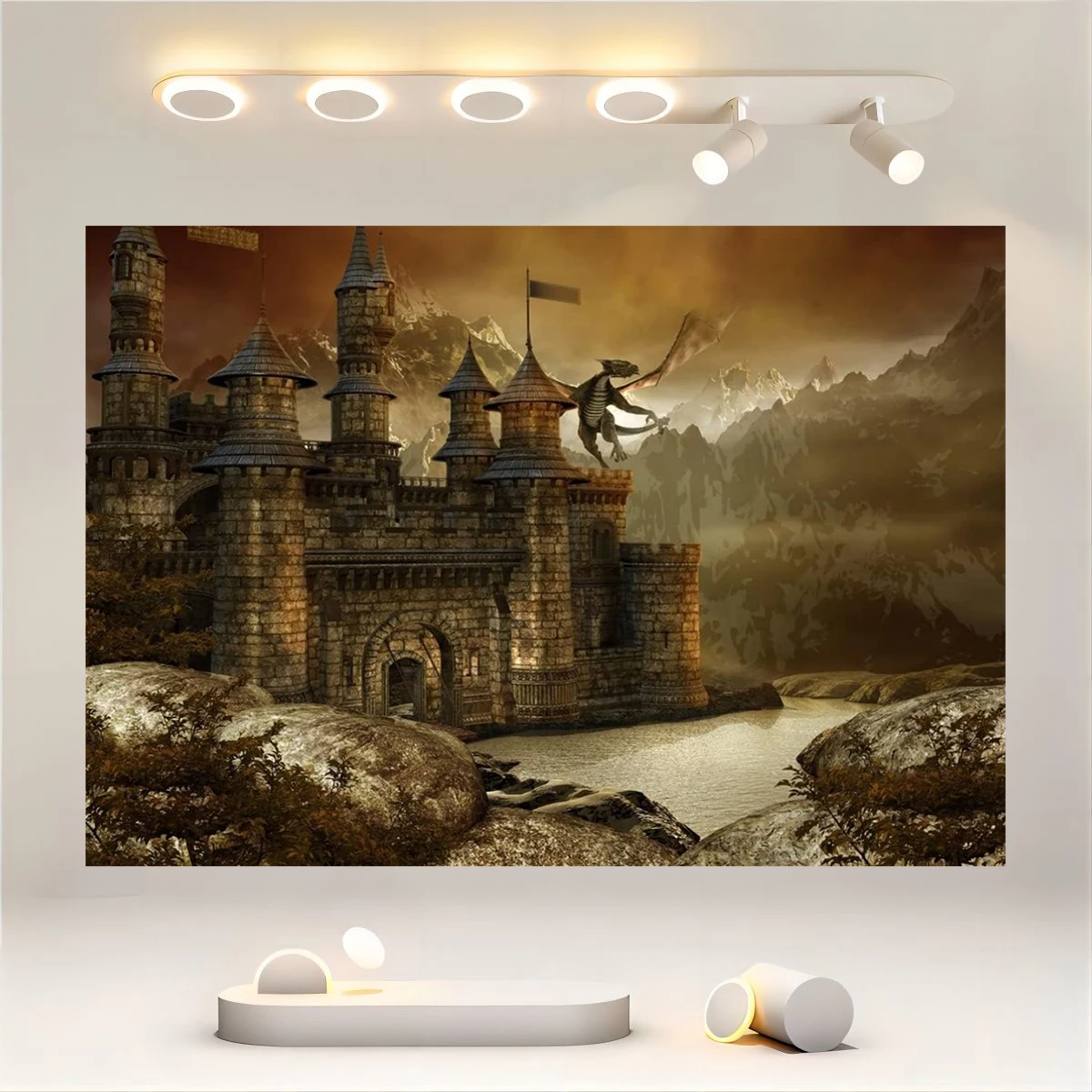 Fabric Fantasy Fairy Tale Castle Background Dragon Scene Medieval Architecture Mountain and Lake Photography Background