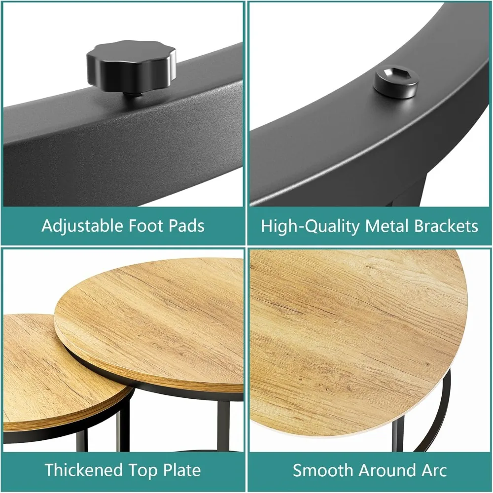 Smuxee Nesting Coffee Table Set of 2, 23.6 Round Coffee Table Brown Wood with Adjustable Non-Slip Feet, Industrial End Table Sid