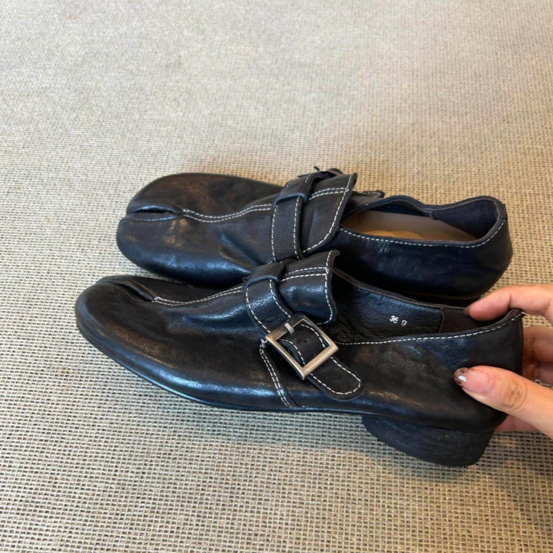 

Retro Washed Split Leather Shoes Elegant Casual Women Autumn Stylish Increased Height Lady Tabi Shoes Female