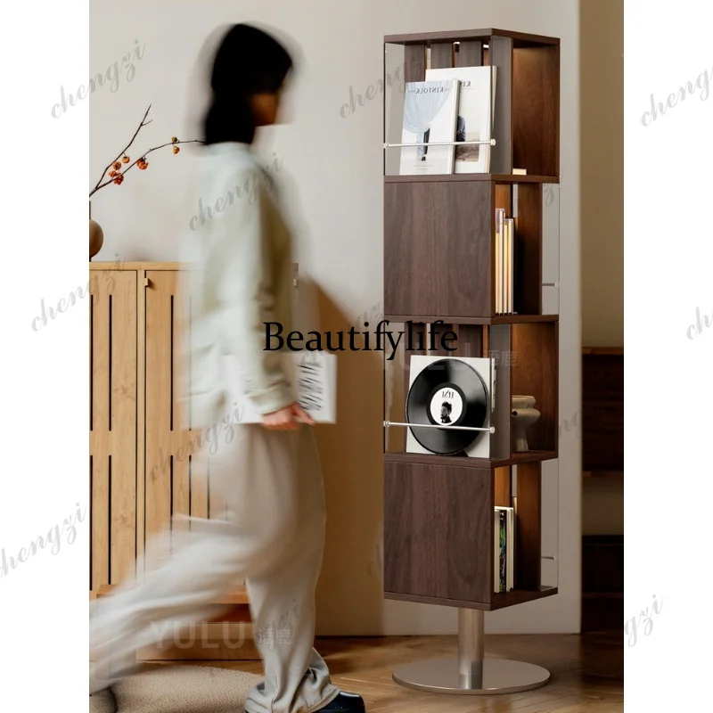 Rotating bookshelf full-body mirror integrated medieval solid wood bookshelf floor-to-ceiling full-length mirror
