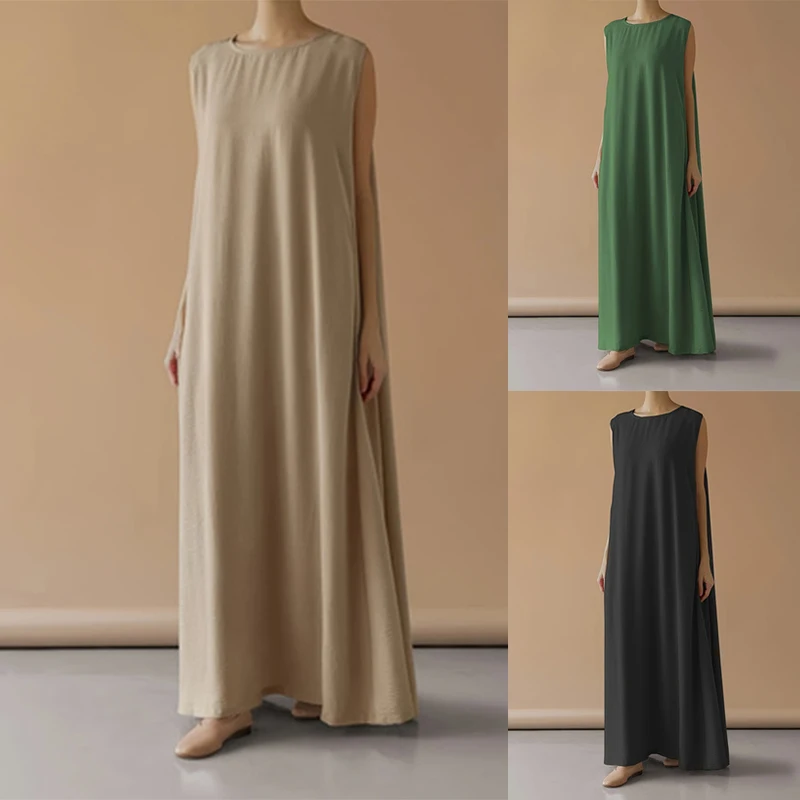 

Ramadan Solid Crew Neck Sleeveless Loose Abayas, Elegant Simple Ruffle Hem Maxi Tank Dress, Women's Clothing Kebaya Kaftan