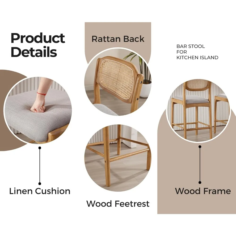 Rattan Counter Height Bar Stools Set of 4 Farmhouse Mid Century Modern Barstools with Cane Back/Wood Legs Linen Upholstered Bar