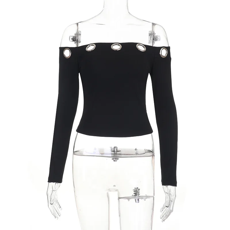 Damen Einfarbiges Schulterfreies Crop Top Langarm Metallring Ösen-Detail Figurbetont Schmal Geschnitten Y2K Sommer Lässiges Kurzes Oberteil – Detail 8