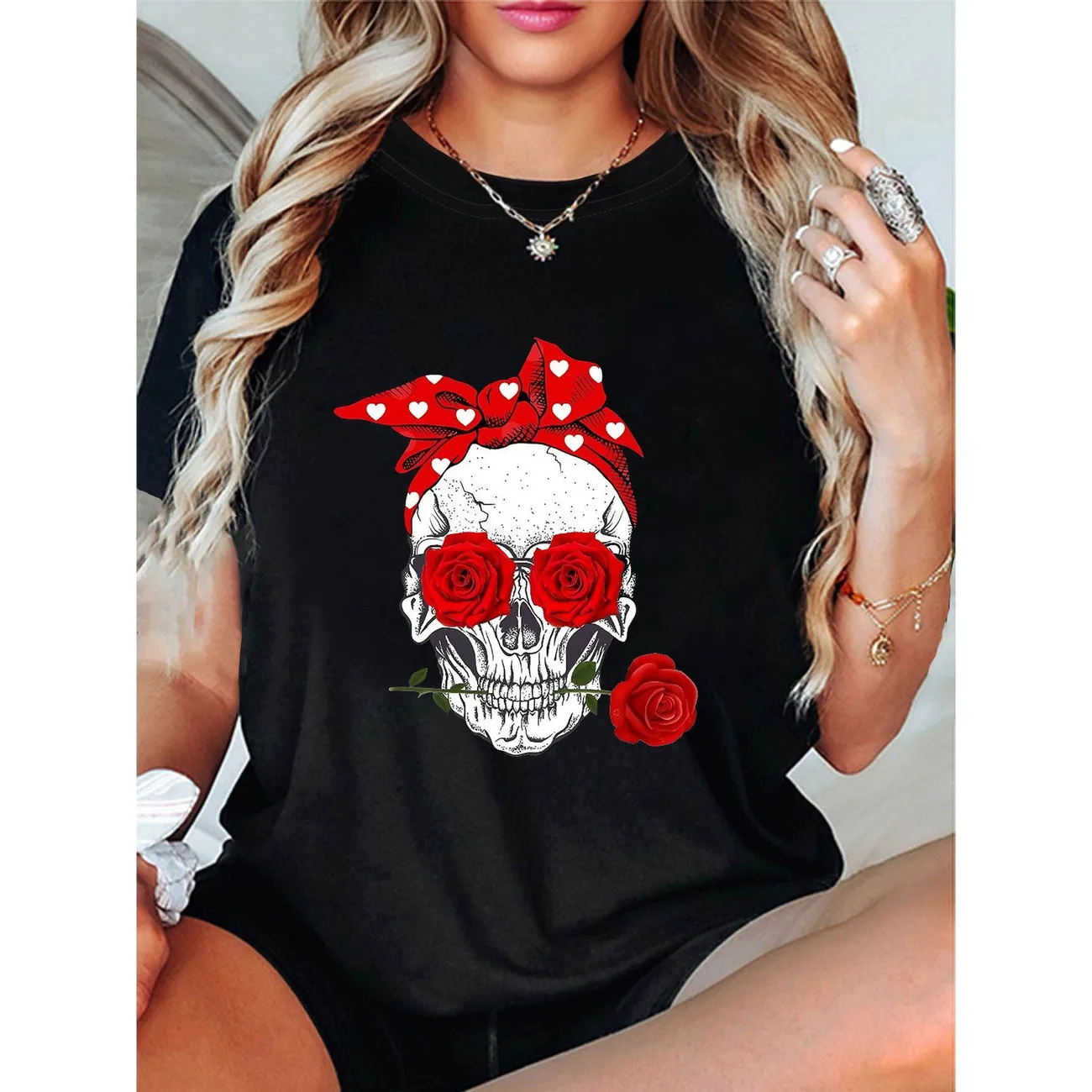 Women's Halloween Rose Skull Pumpkin Ghost Pattern T‑Shirt, Casual Crew Neck Short Sleeve Top Family & Kids