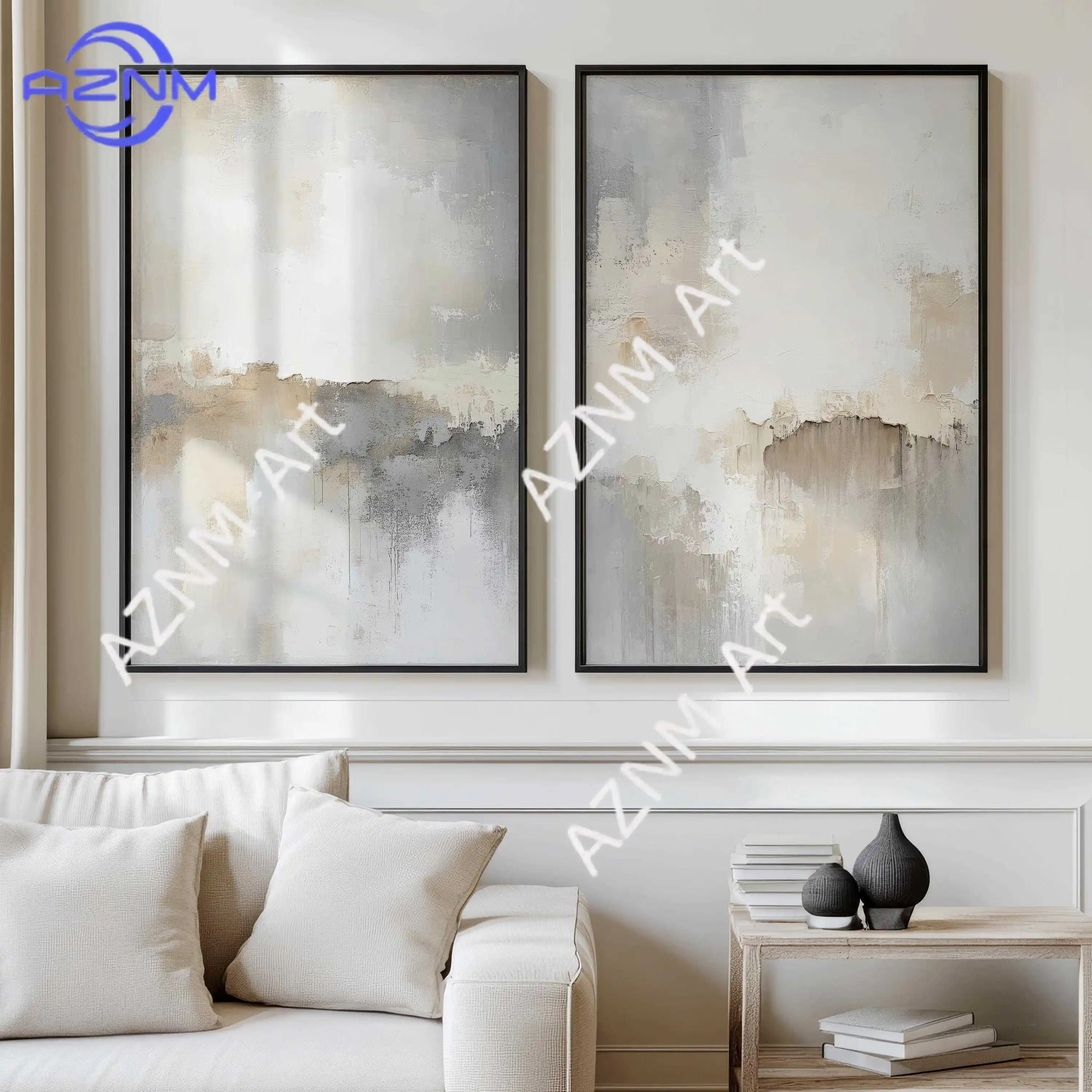 White And Grey Abstract Art Print Set of 2 | Acrylic Painting | Modern Minimalist Poster | Stretched Canvas Wall Decor