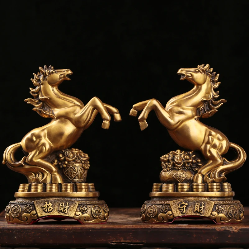 A PAIR 2PCS Good luck mascot Fortune Success HORSE COPPER statue HOME shop OFFICE Recruit wealth talisman decorative statue