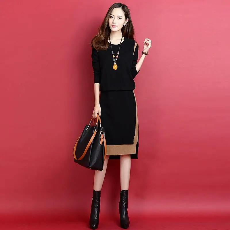 

Wholesale Women's 2024 Spring New Female Dress over the Knee Knitted plus Size Slimming and Fashionable Long Sleeve Woolen Skirt