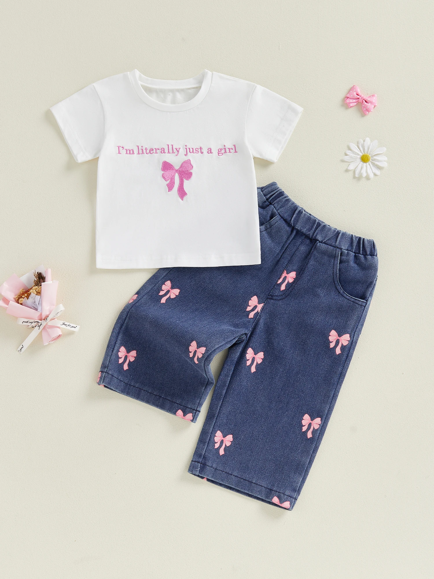 طقم ملابس للأولاد الرضع مكون من قطعتين تي شيرت مطبوع برقبة دائرية وأكمام قصيرة وخصر مطاطي من قماش الدنيم