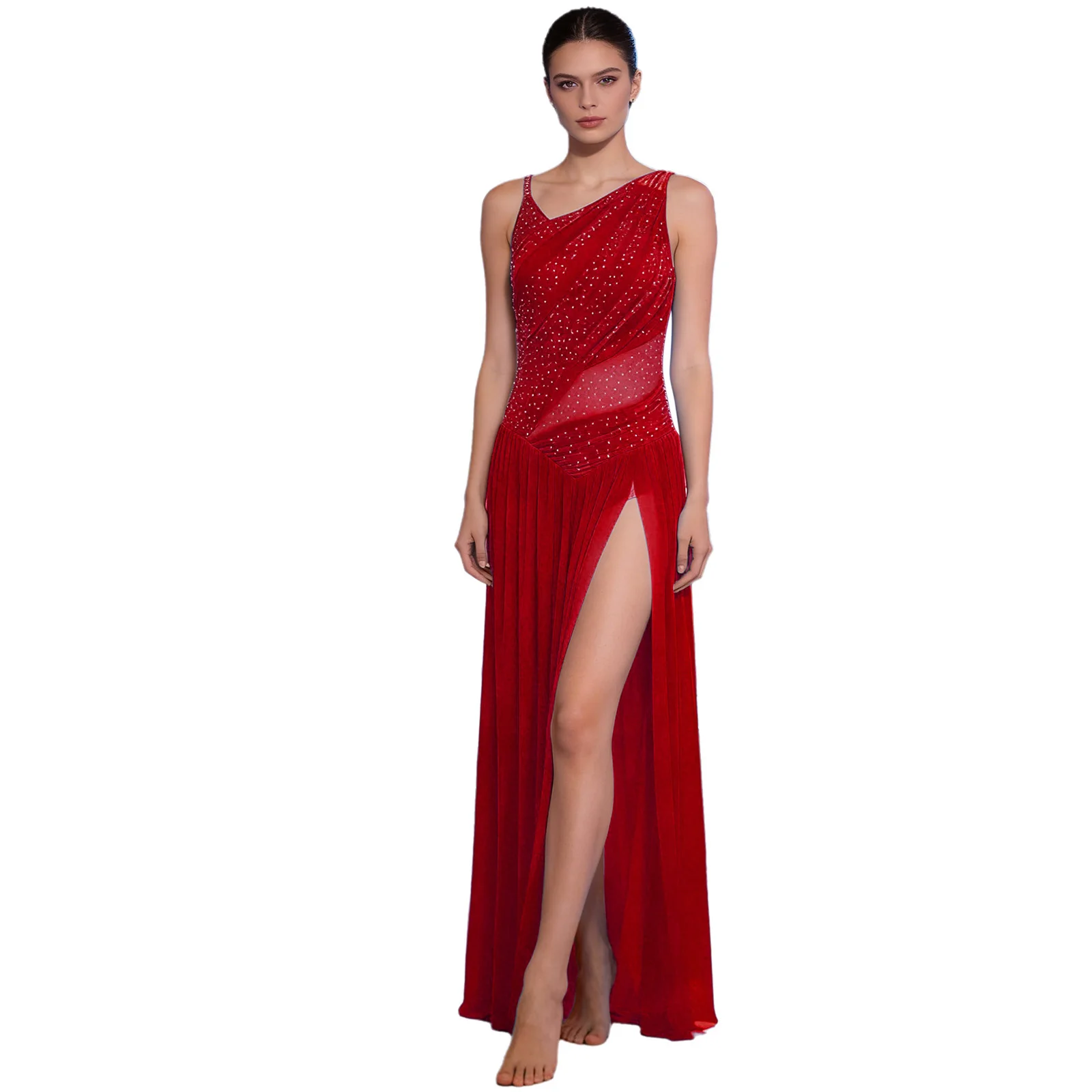 Womens Adult Ballet Lyrical Modern Contemporary Dance Dress Rhinestones Ruched Backless Slit Mesh Hem Dress Performance Costume - view 4
