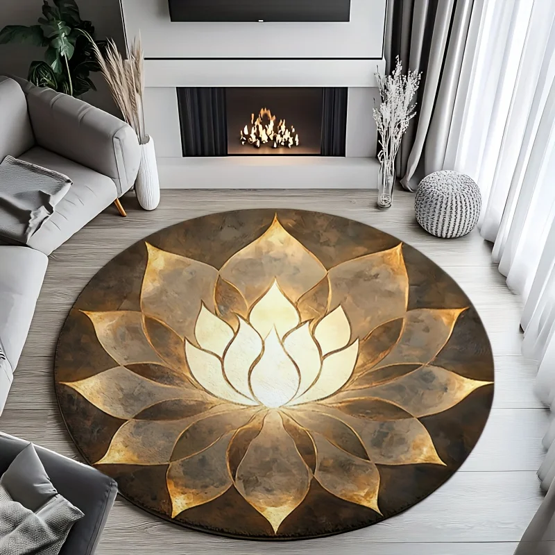 Flannel Printed Round Rug With Golden Lotus Design For Yoga Meditation And Home Decor Soft Floor Mat Spiritual Art Theme