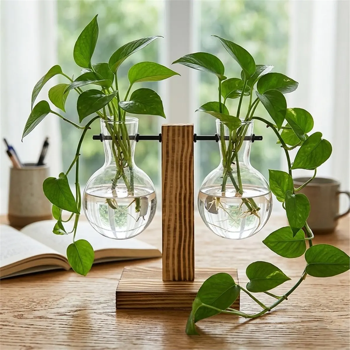 【MUST-HAVE LIST】  Glass Desktop Planter Bulb Vase Wooden Stand Hydroponic Plant Container Home Tabletop Decor Vases