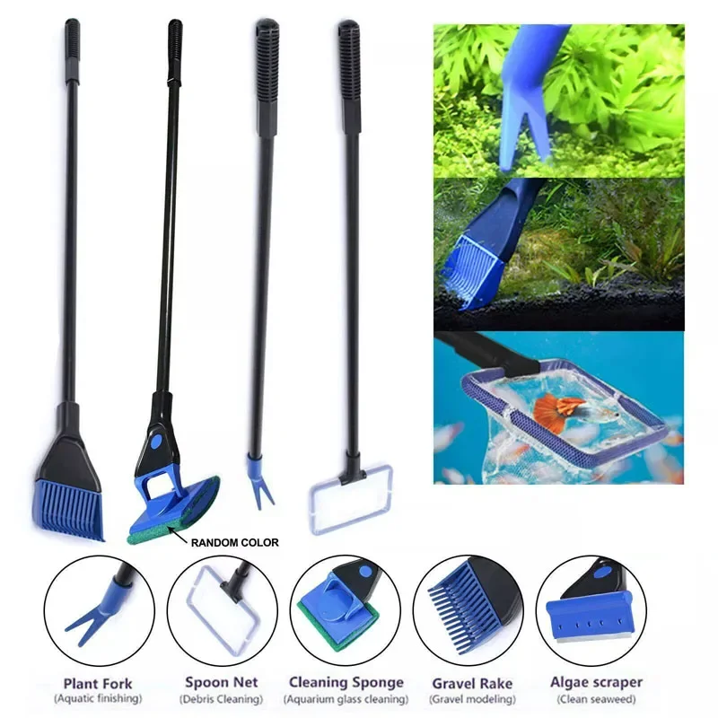 

Aquarium Cleaning Tool Kit 5-in-1 Glass Brush Holder Algae Scraper Long Handle Fishing Net Fish Tank Vacuum Glass Cleaning Brush