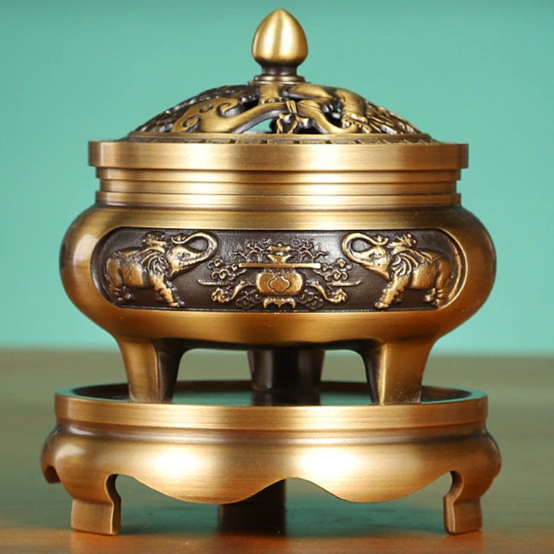 

Copper Incense Burner Three-legged Carved Aromatherapy Stove Household Desktop Decoration Creative Flat-bottom Incense Burner