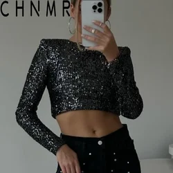 CHNMR Fashion Women Sequin Top Long Sleeve Round Neck Slim Fit Glitter Shirt Semi Sheer Sparkly Party Tops Tee Blouse Clubwear