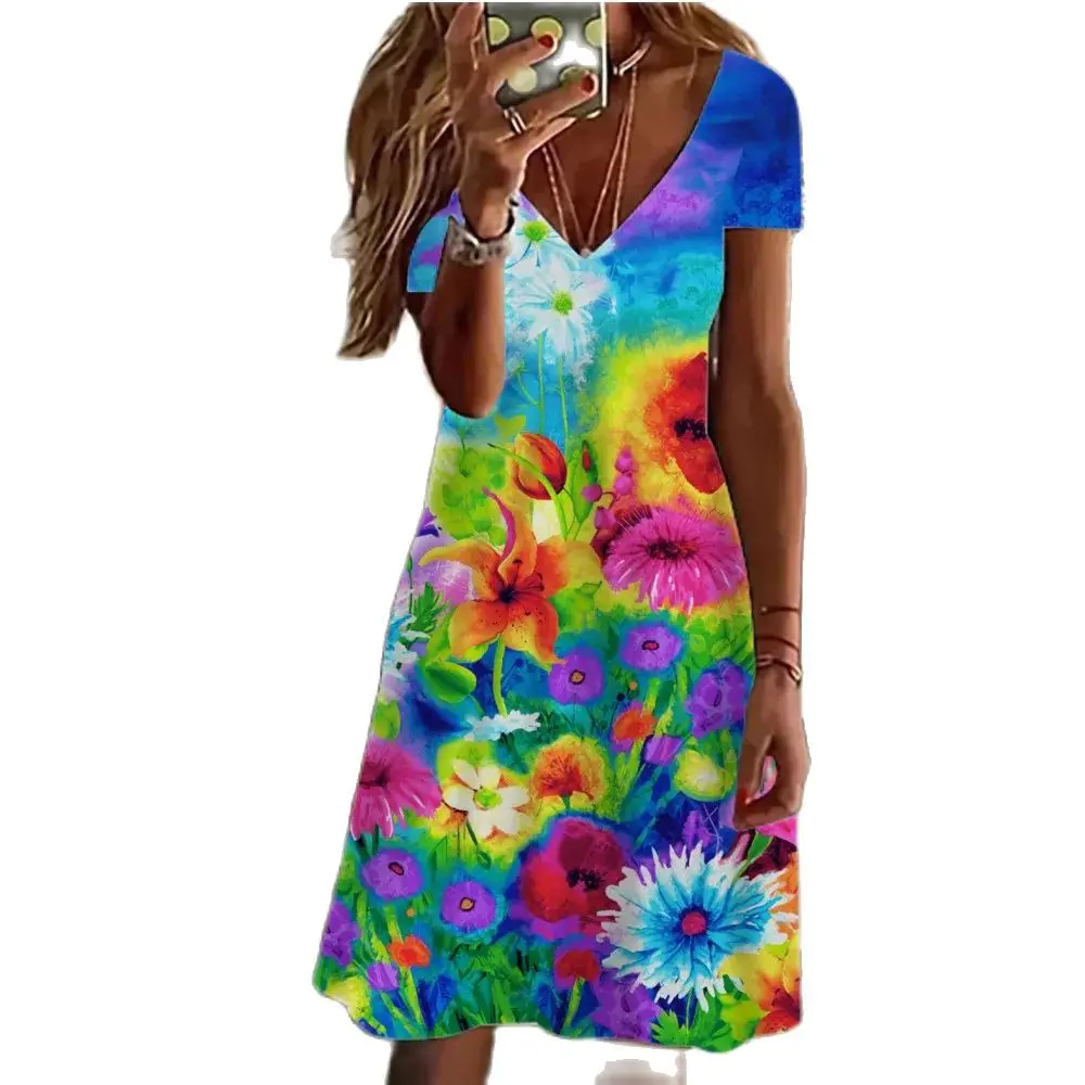 

Women's Street Casual Short Sleeved Dresses Summer Young Girl Print Midi Dress Female Beach Y2K Vestidos Verano