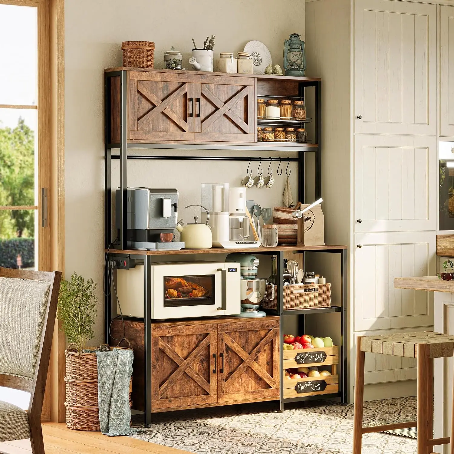 Large Bakers Rack With Power Outlet Kitchen Microwave Stand Cabinets Coffee Bar Table Station Storage 6 SShaped Hooks Mesh Shelv